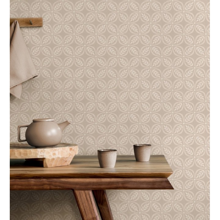 Papel pintado con motivo botánico con formas geométricas color beige - William Mosaic 683442