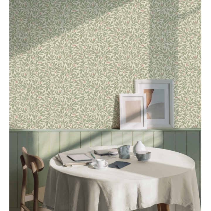 Papel pintado de hojas y frutos estilo botánico color verde - William Berries 683447