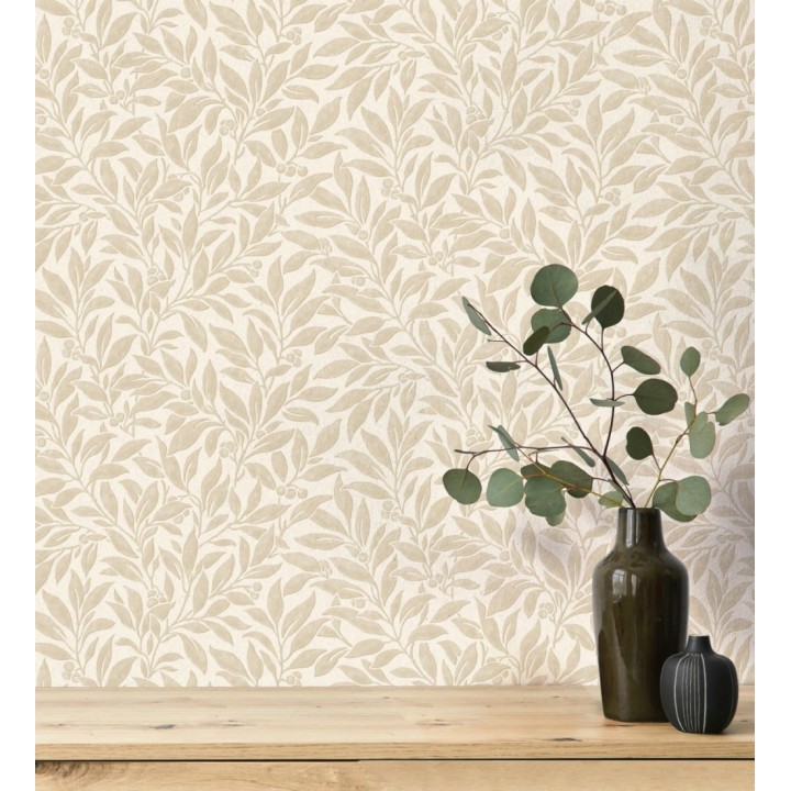 Papel pintado de hojas y frutos estilo botánico color beige - William Berries 683449