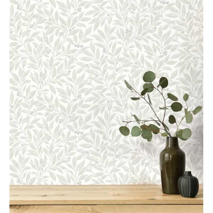 Papel pintado de hojas y frutos estilo botánico color gris claro - William Berries 683450
