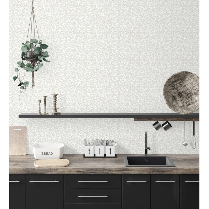 Papel pintado de hojas y frutos estilo botánico color gris claro - William Berries 683450