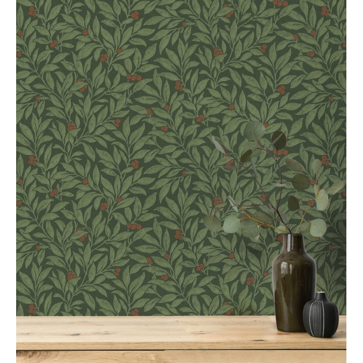 Papel pintado de hojas y frutos estilo botánico color verde oscuro - William Berries 683451