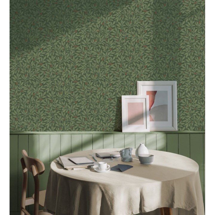 Papel pintado de hojas y frutos estilo botánico color verde oscuro - William Berries 683451