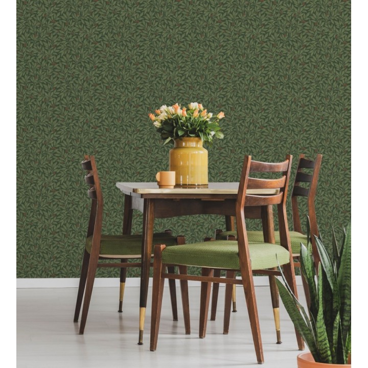 Papel pintado de hojas y frutos estilo botánico color verde oscuro - William Berries 683451