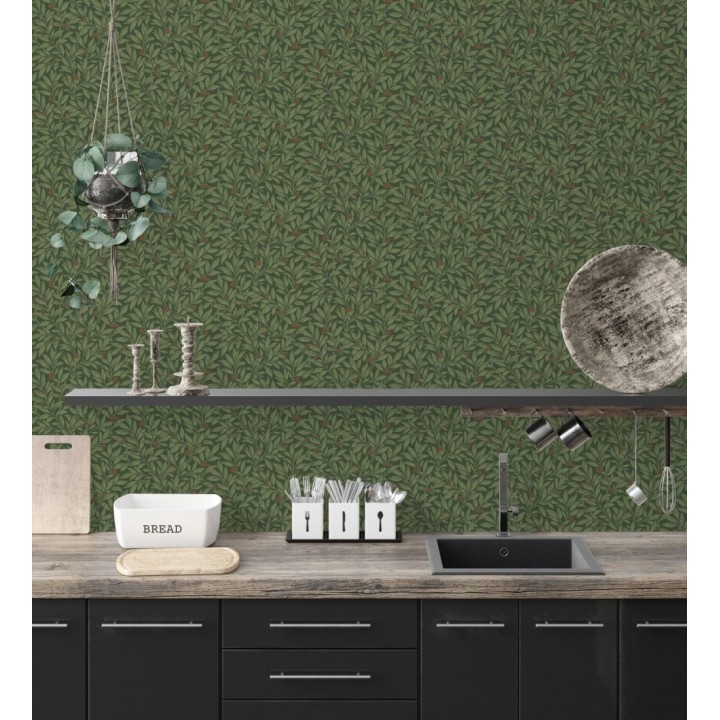 Papel pintado de hojas y frutos estilo botánico color verde oscuro - William Berries 683451
