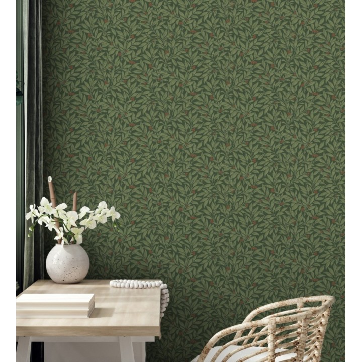 Papel pintado de hojas y frutos estilo botánico color verde oscuro - William Berries 683451