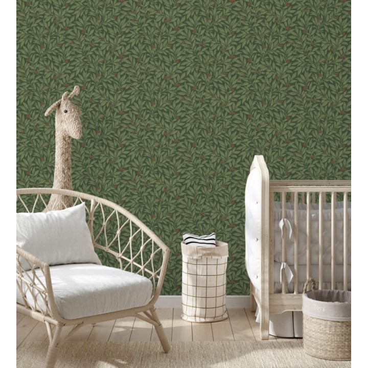 Papel pintado de hojas y frutos estilo botánico color verde oscuro - William Berries 683451