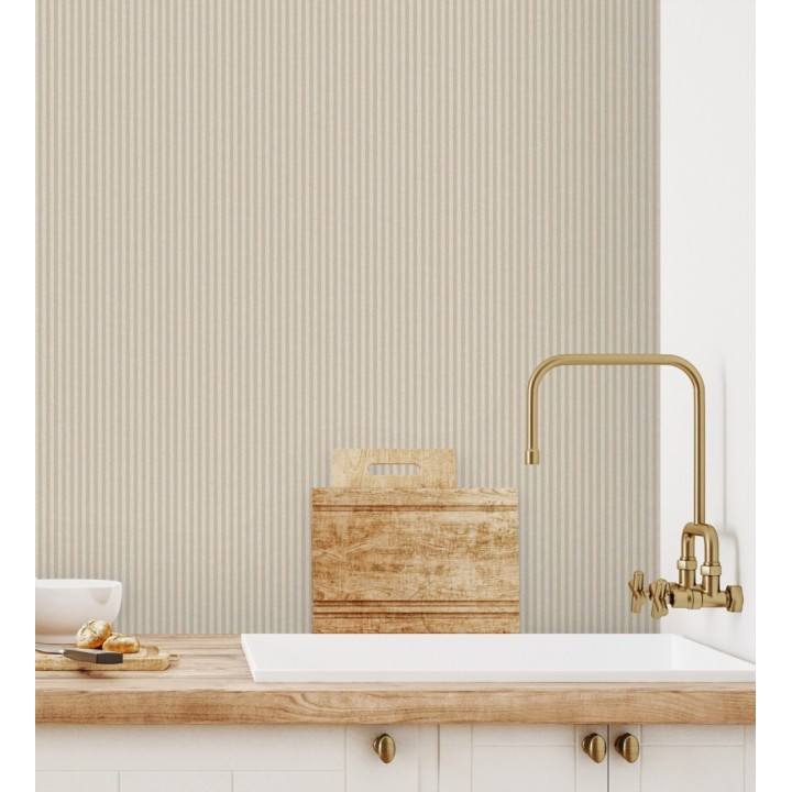 Papel pintado de rayas finas pintadas con tonos beige tostado - William Stripe Glow 683455