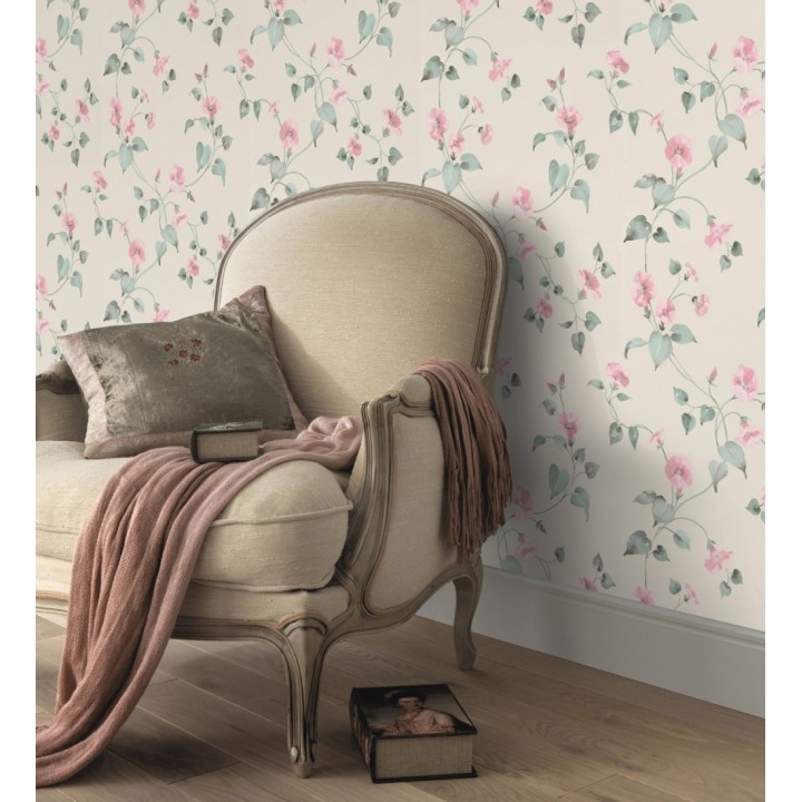 Papel pintado de enredaderas y flores rosa pastel de diseño en acuarela - Rosewood Dream 683468