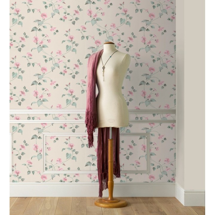Papel pintado de enredaderas y flores rosa pastel de diseño en acuarela - Rosewood Dream 683468