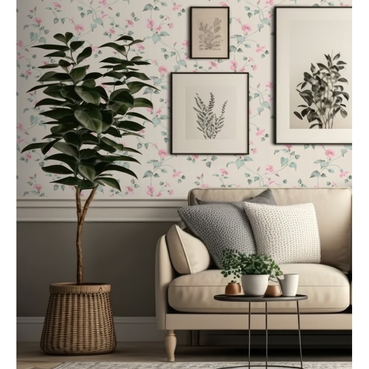 Papel pintado de enredaderas y flores rosa pastel de diseño en acuarela - Rosewood Dream 683468