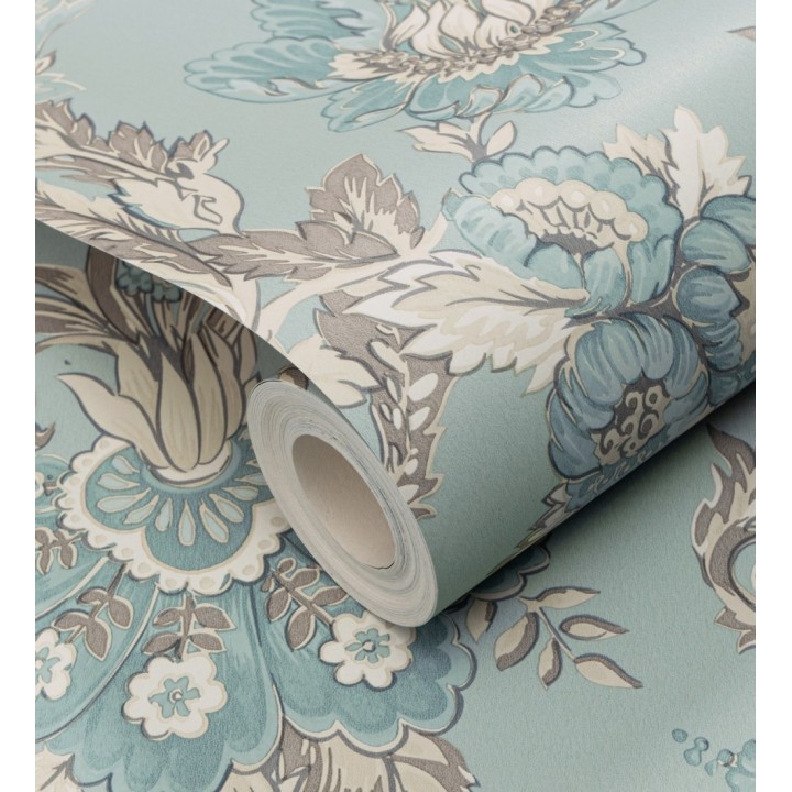 Papel pintado con flores de diseño floral tradicional vintage atemporal fondo verde agua - Tudor Flowers 683470