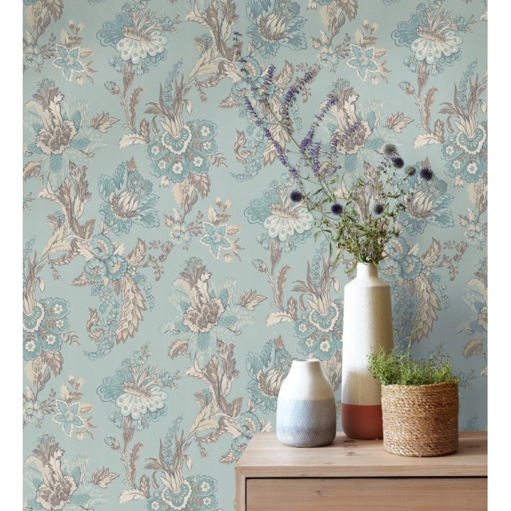 Papel pintado con flores de diseño floral tradicional vintage atemporal fondo verde agua - Tudor Flowers 683470
