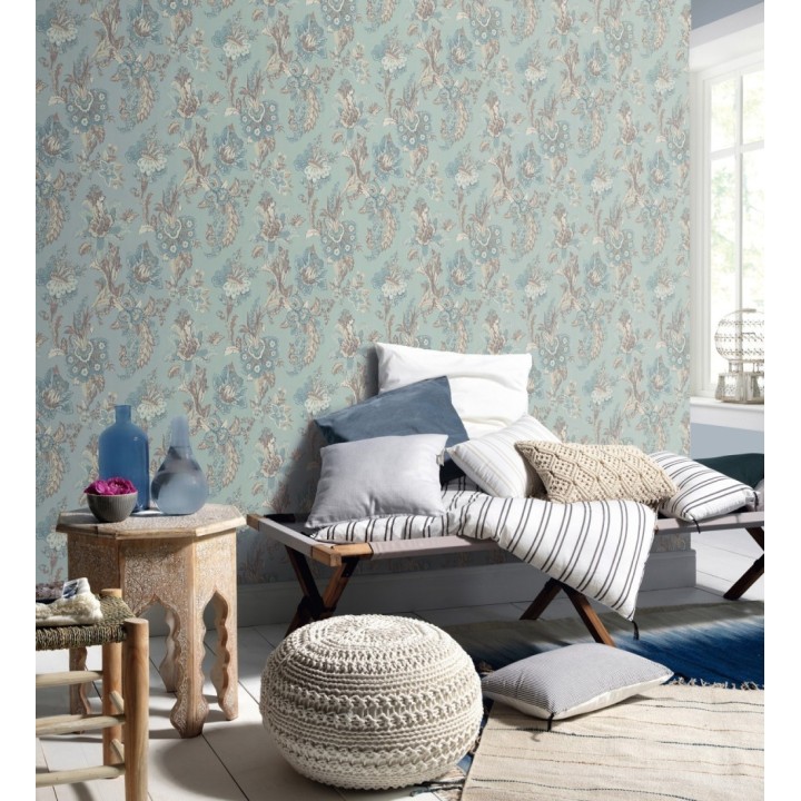 Papel pintado con flores de diseño floral tradicional vintage atemporal fondo verde agua - Tudor Flowers 683470