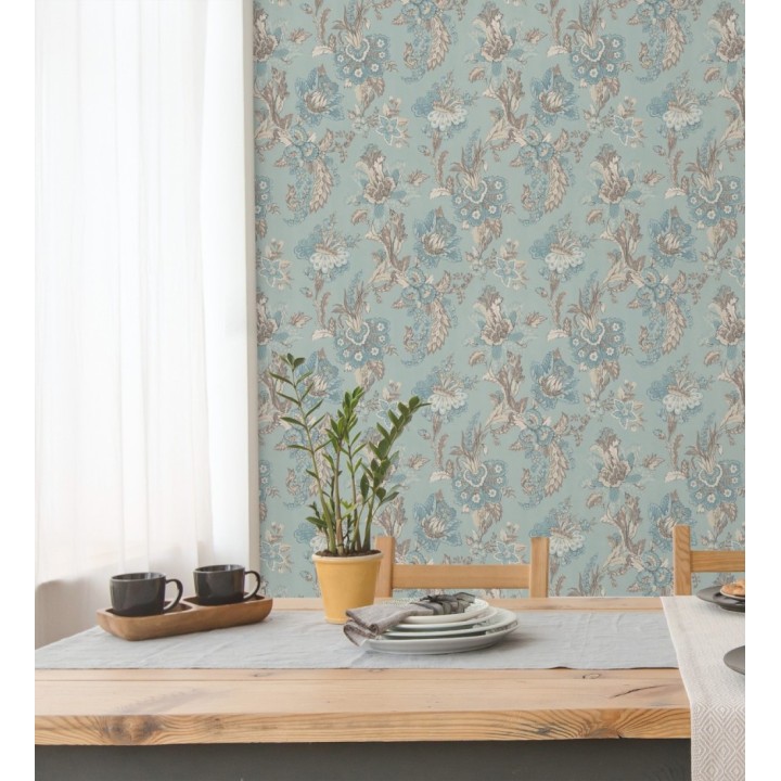 Papel pintado con flores de diseño floral tradicional vintage atemporal fondo verde agua - Tudor Flowers 683470