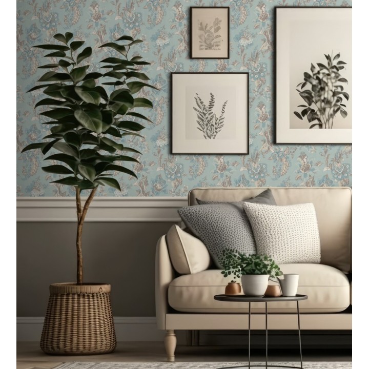 Papel pintado con flores de diseño floral tradicional vintage atemporal fondo verde agua - Tudor Flowers 683470