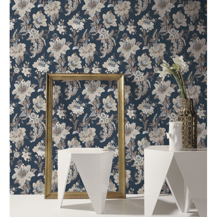 Papel pintado con flores de diseño floral tradicional vintage atemporal fondo azul oscuro - Tudor Flowers 683471