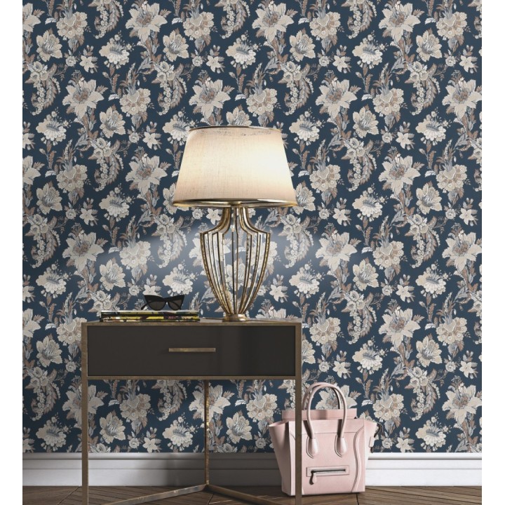 Papel pintado con flores de diseño floral tradicional vintage atemporal fondo azul oscuro - Tudor Flowers 683471