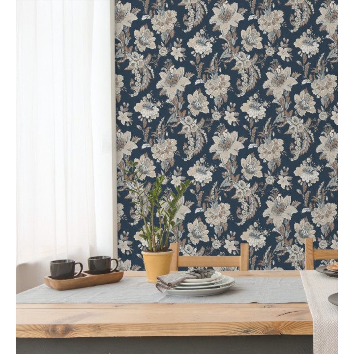 Papel pintado con flores de diseño floral tradicional vintage atemporal fondo azul oscuro - Tudor Flowers 683471