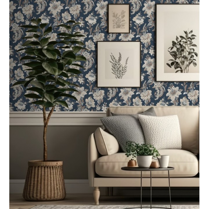 Papel pintado con flores de diseño floral tradicional vintage atemporal fondo azul oscuro - Tudor Flowers 683471
