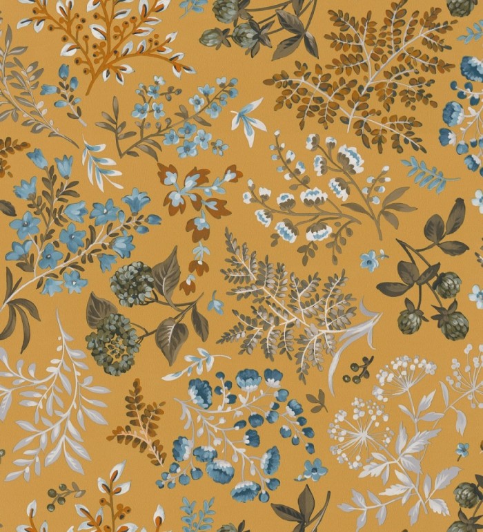 Papel pintado con motivos botánicos de flores y hojas en fondo ocre y mostaza - Winter Garden 683475