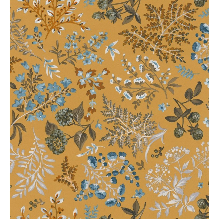 Papel pintado con motivos botánicos de flores y hojas en fondo ocre y mostaza - Winter Garden 683475