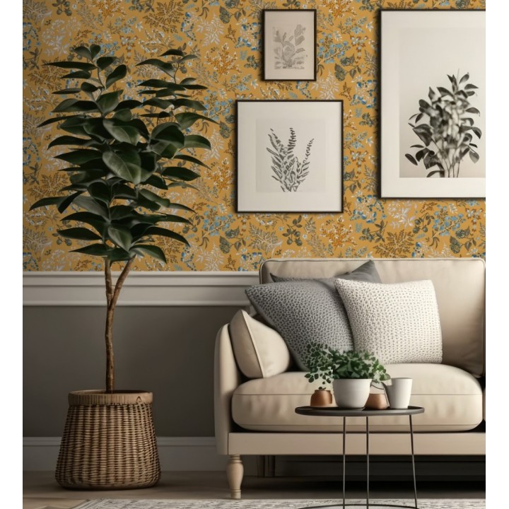 Papel pintado con motivos botánicos de flores y hojas en fondo ocre y mostaza - Winter Garden 683475