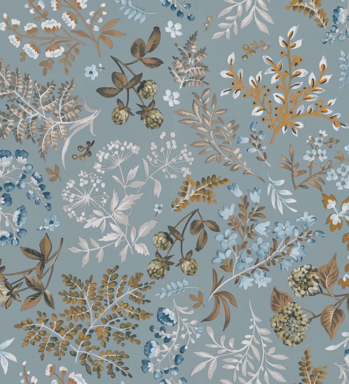 Papel pintado con motivos botánicos de flores y hojas en fondo azul grisáceo - Winter Garden 683476