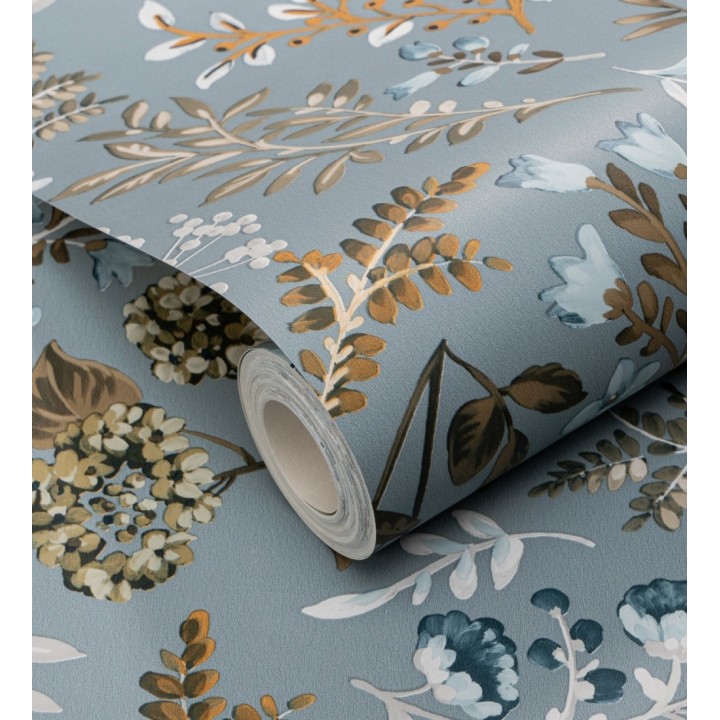 Papel pintado con motivos botánicos de flores y hojas en fondo azul grisáceo - Winter Garden 683476