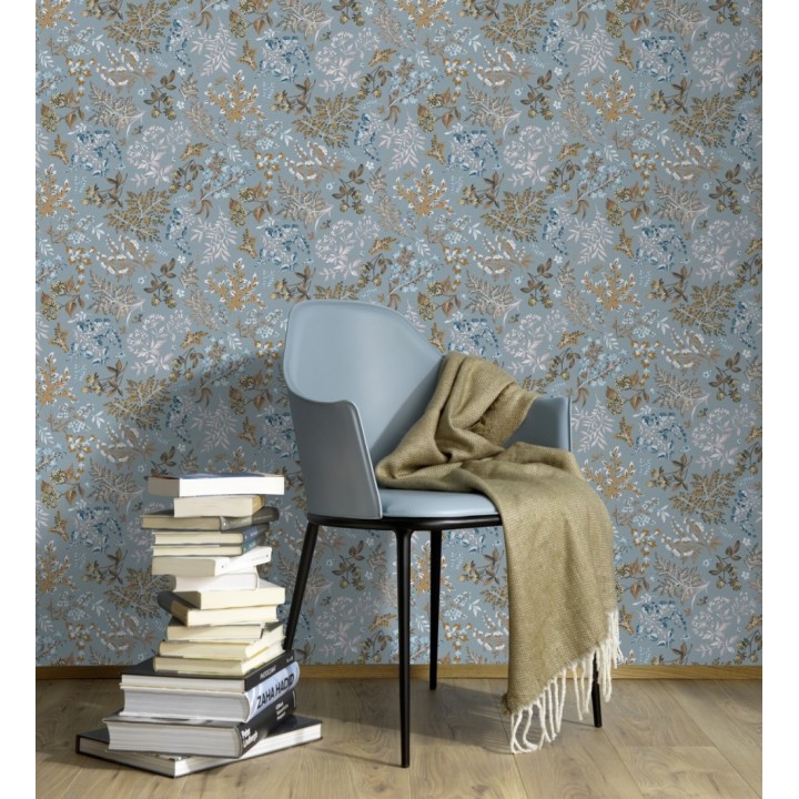 Papel pintado con motivos botánicos de flores y hojas en fondo azul grisáceo - Winter Garden 683476