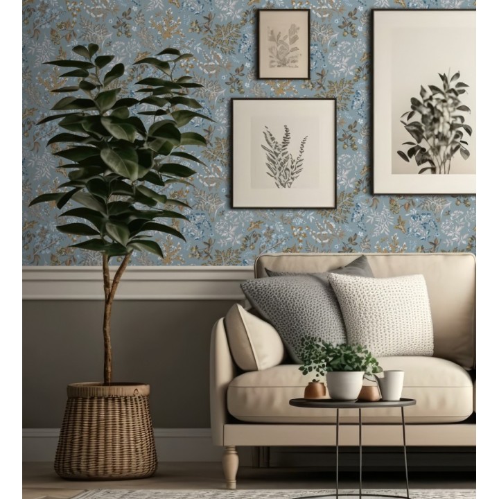 Papel pintado con motivos botánicos de flores y hojas en fondo azul grisáceo - Winter Garden 683476
