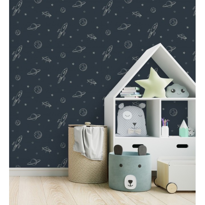 Papel pintado infantil de la galaxia con estrellas y naves - Cosmic Play 683482