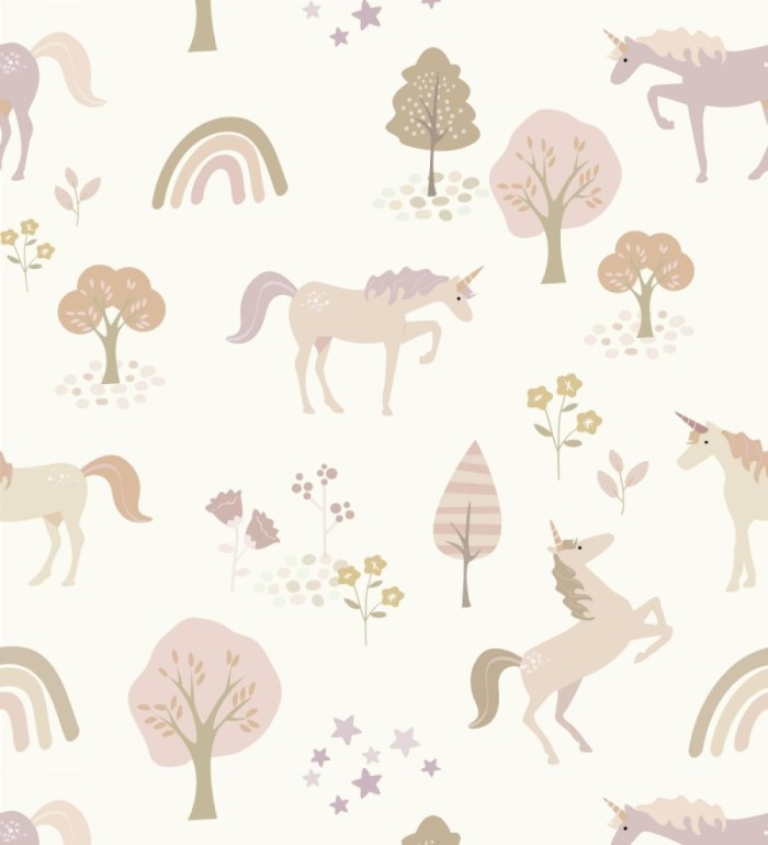 Papel pintado infantil de unicornios arcoíris y árboles color nude - Unicorn Dream 683483