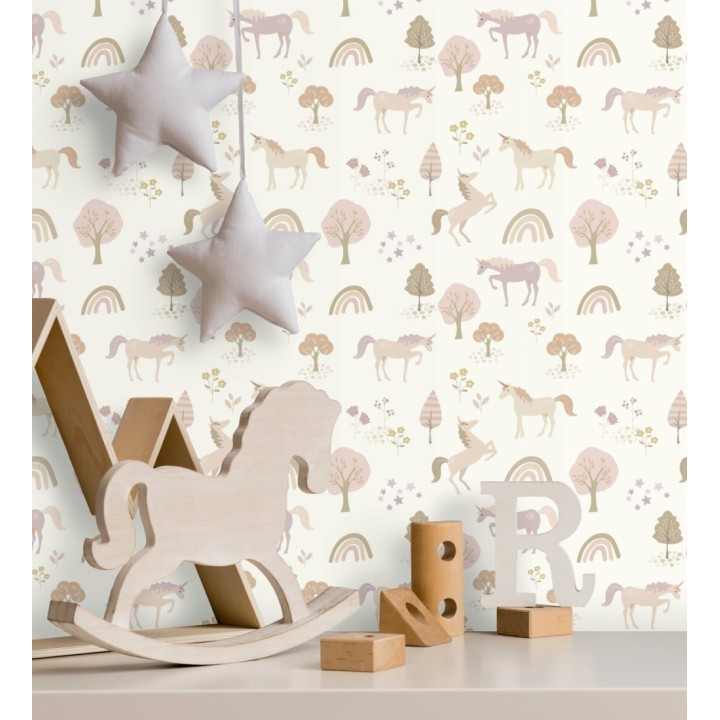 Papel pintado infantil de unicornios arcoíris y árboles color nude - Unicorn Dream 683483
