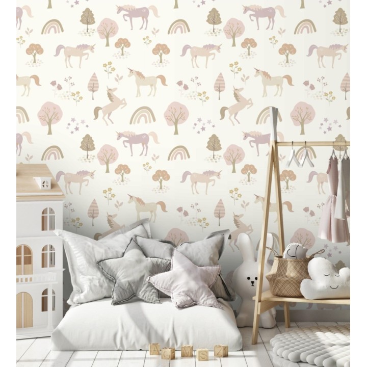 Papel pintado infantil de unicornios arcoíris y árboles color nude - Unicorn Dream 683483