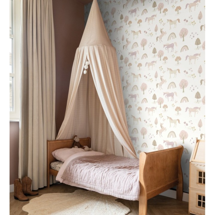 Papel pintado infantil de unicornios arcoíris y árboles color nude - Unicorn Dream 683483