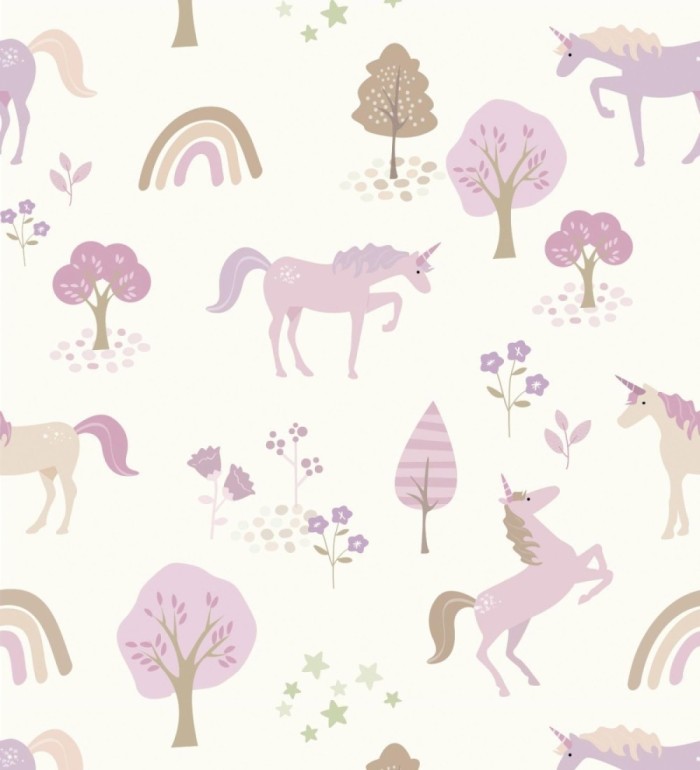 Papel pintado infantil de unicornios arcoíris y árboles color rosa fucsia - Unicorn Dream 683484