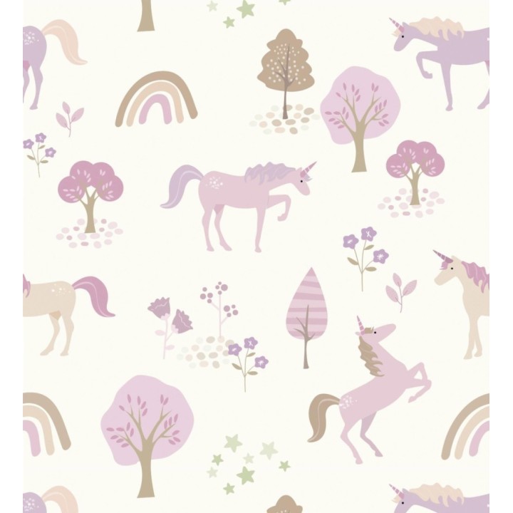 Papel pintado infantil de unicornios arcoíris y árboles color rosa fucsia - Unicorn Dream 683484
