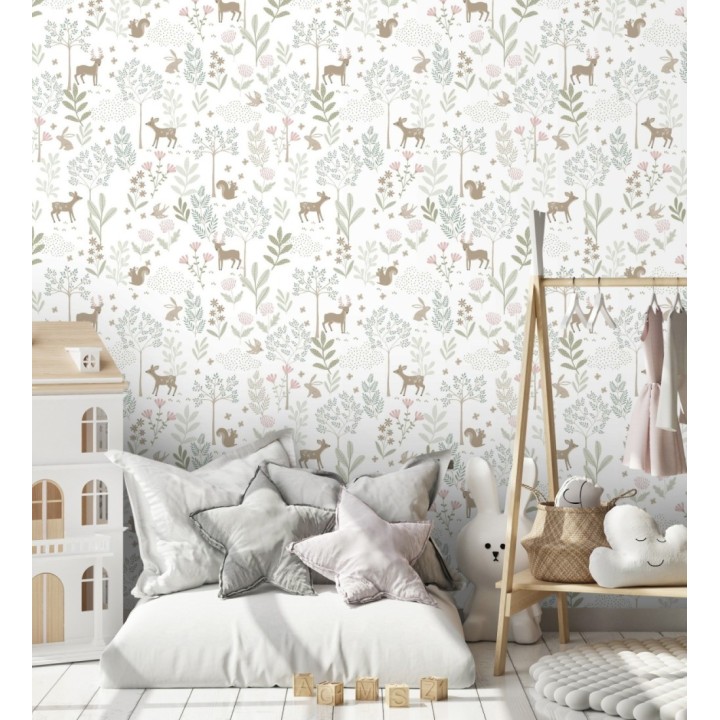 Papel pintado infantil de bosque con ciervos ardillas y conejos - Forest Friends 683488