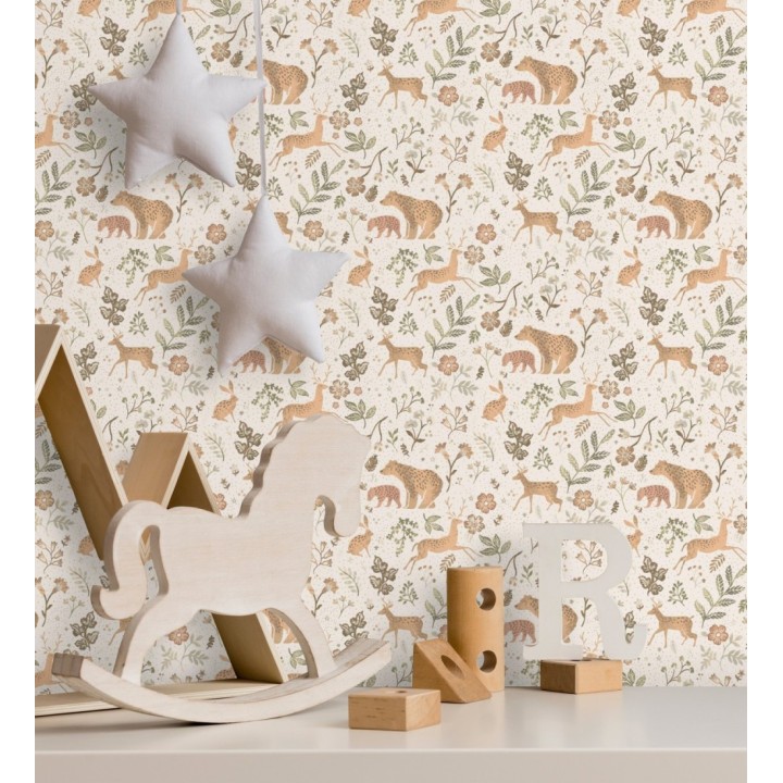 Papel pintado infantil de osos y ciervos con plantas y flores - Nature Smile 683491