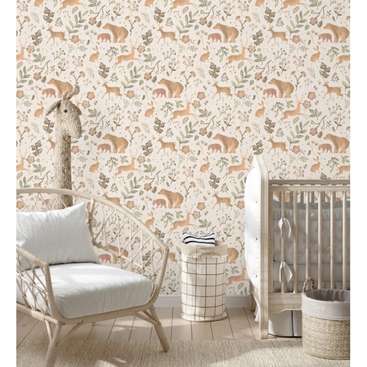 Papel pintado infantil de osos y ciervos con plantas y flores - Nature Smile 683491