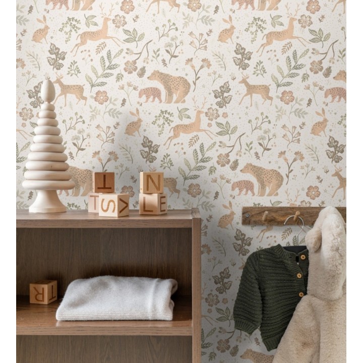 Papel pintado infantil de osos y ciervos con plantas y flores - Nature Smile 683491