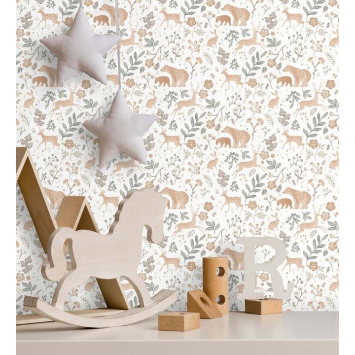 Papel pintado infantil de osos y ciervos con plantas y flores - Nature Smile 683497
