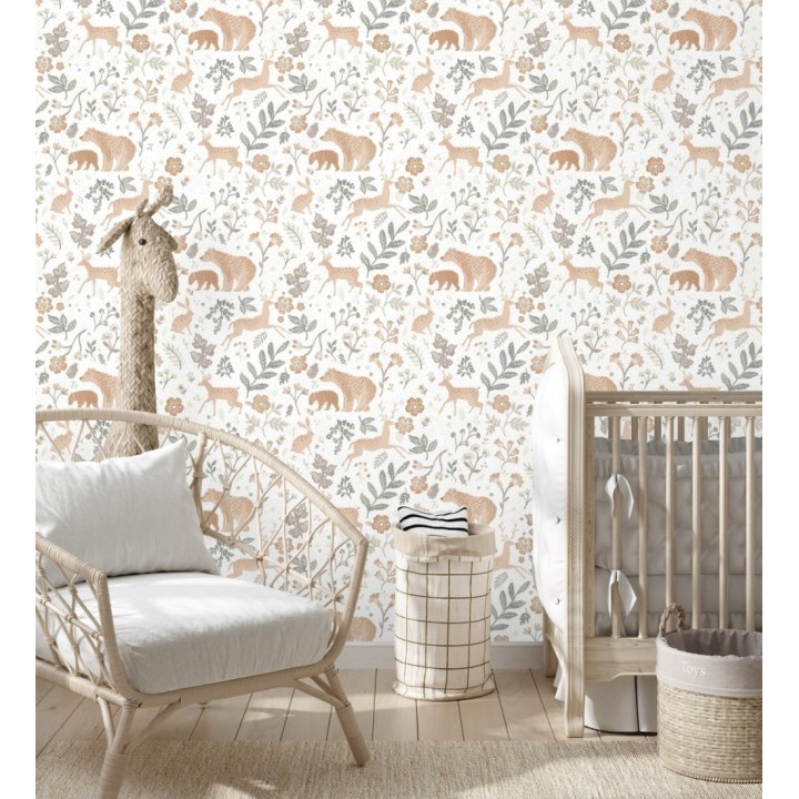 Papel pintado infantil de osos y ciervos con plantas y flores - Nature Smile 683497