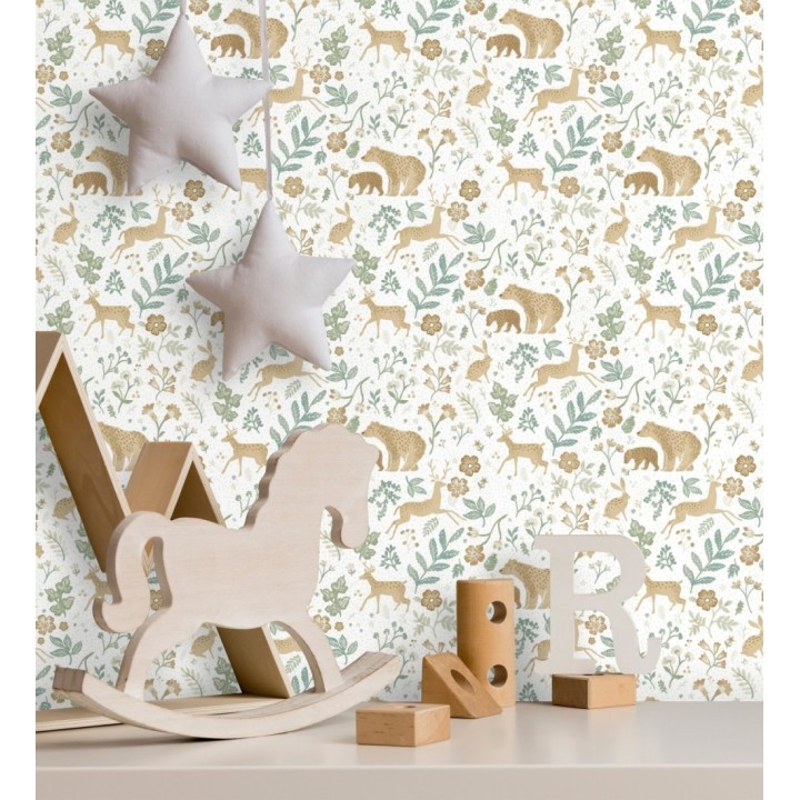 Papel pintado infantil de osos y ciervos con plantas y flores - Nature Smile 683498
