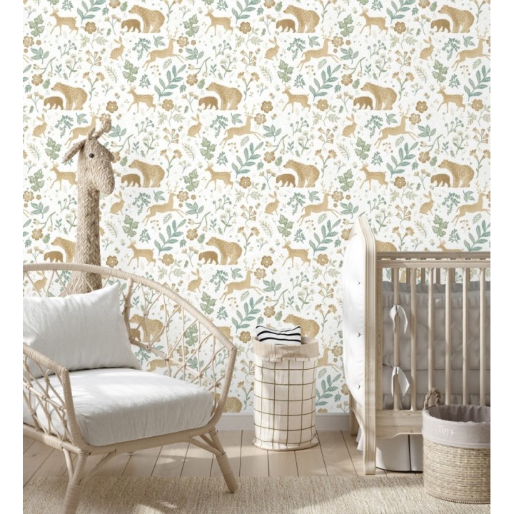 Papel pintado infantil de osos y ciervos con plantas y flores - Nature Smile 683498