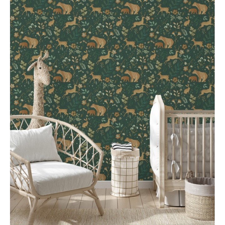 Papel pintado infantil de osos y ciervos con plantas y flores - Nature Smile 683499