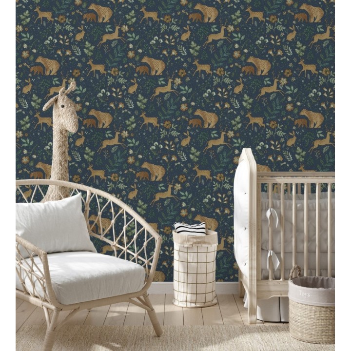 Papel pintado infantil de osos y ciervos con plantas y flores - Nature Smile 683500