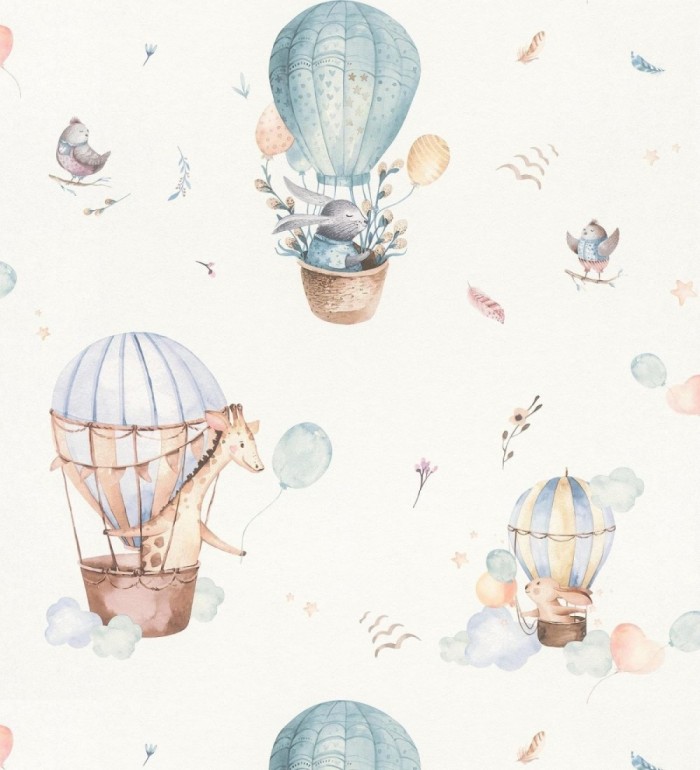Papel pintado infantil de globos aerostáticos con animales adorables - Dreamy Balloons 683501
