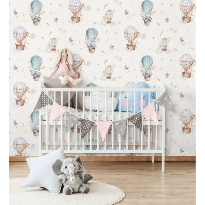 Papel pintado infantil de globos aerostáticos con animales adorables - Dreamy Balloons 683501